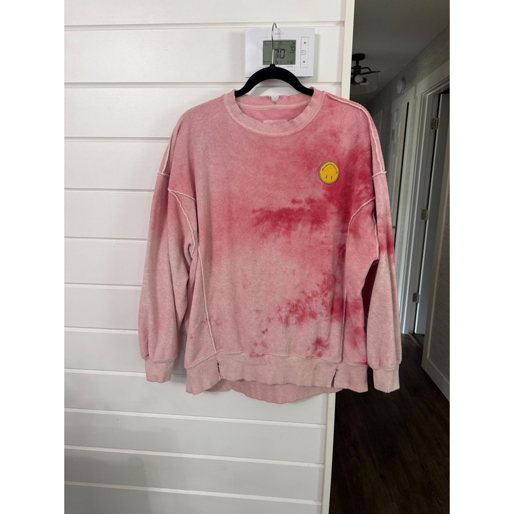 Aerie‎ Pink Tie Dye Oversized Sweatshirt Smiley Face Distressed Terry Pullover S